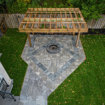Connecting Stone Patio with Firepit and Pergola