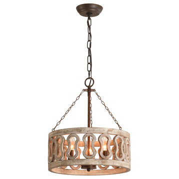 3 - Light Candle Style Drum chandelier with Wood Accents, Weathered Wood