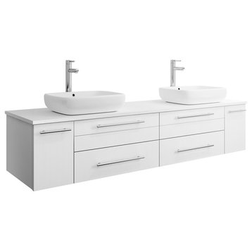 Lucera Wall Hung Bathroom Cabinet With Top & Double Vessel Sinks, White, 72"