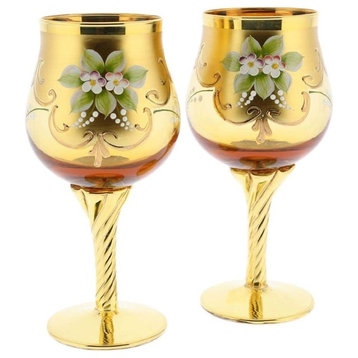 GlassOfVenice Set Of Two Murano Glass Wine Glasses 24K Gold Leaf - Golden Brown