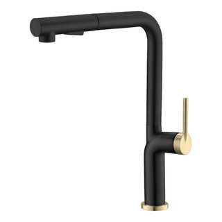 Stylish Kitchen Sink Faucet Single Handle Pull Down Dual Mode in Stainless Steel - Matte Black/Gold K-146NG