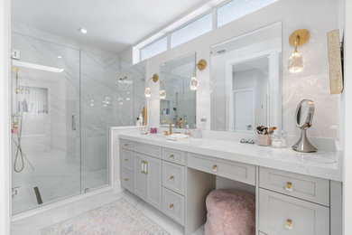 Bathroom - contemporary master white tile and porcelain tile porcelain tile and single-sink bathroom idea in Miami with shaker cabinets, gray cabinets, an undermount sink, quartz countertops, a hinged shower door, white countertops, a niche and a built-in vanity