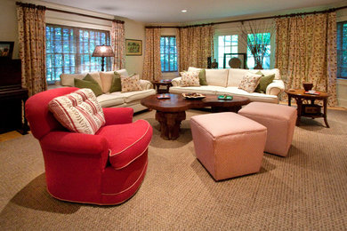 Example of a large transitional formal and open concept carpeted living room design in New York with beige walls