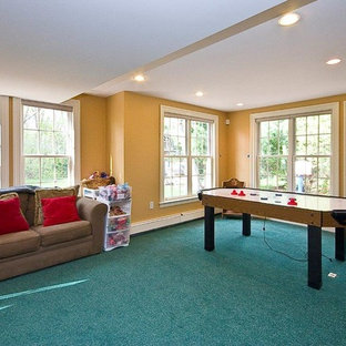 Design ideas for an expansive traditional walk-out basement in Boston with yellow walls, carpet and turquoise floors.