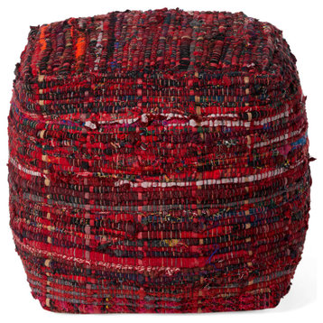 GDF Studio Kamil Recycled Fabric Artisan Cube Pouf, Red