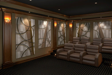 Photo of a large contemporary enclosed home theatre in New York with brown walls, carpet, a projector screen and black floor.