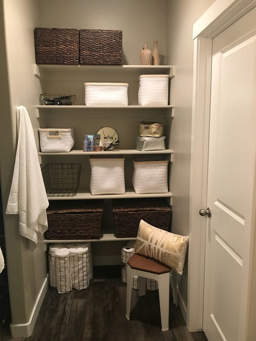 Open Bathroom Closet, How To Organize Open Shelves In Bathroom