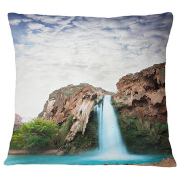 Amazing Waterfall Under Cloudy Sky Landscape Printed Throw Pillow, 16"x16"