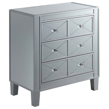 Glam Mirrored Side Table, 3 Drawers With Faux Crystal Knobs, Silver