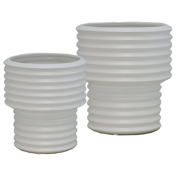 Set of 2 White Ceramic Stripe Textured Planters