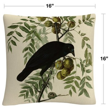 John James Audubon 'American Crow' 16"x16" Decorative Throw Pillow