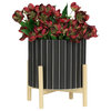 12" Ceramic Fluted Planter With Wood Stand, Black