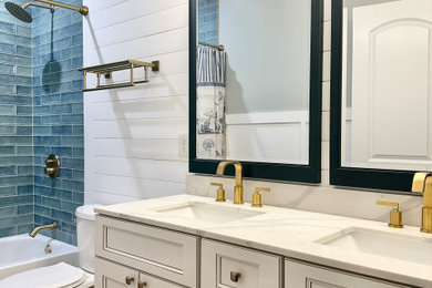 Mid-sized country kids' blue tile and subway tile double-sink and shiplap wall bathroom photo in Charleston with white walls, an undermount sink, quartz countertops, white countertops, a niche and a built-in vanity