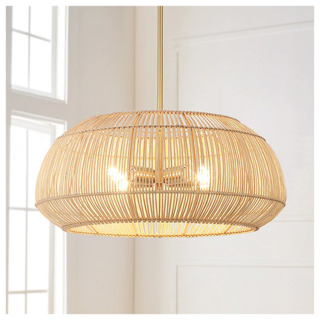 22" W 4 Light Rattan Pendant Chandelier With Brass Canopy