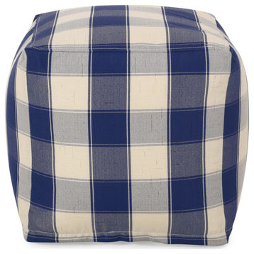 Prestage Fabric Checkered Cube Pouf, Ivory/Navy Blue