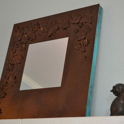 Backlit LED copper plated steel flower mirror with distressed turquoise wood fra - Wall Mirrors