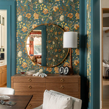 Moody Sophisticated Dining Room with Deep Teal Floral Wallpaper and Trim
