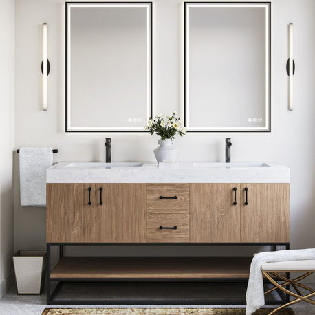 Bahia Bath Vanity, Oak, 60", Matte Black Hardware, Double, Freestanding