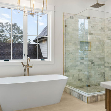 Spa-Like Modern Farmhouse Master Bath: Double Marble Vanity, Freestanding Tub, G