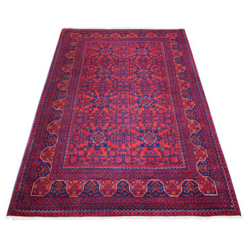 Deep and Saturated Red Velvety Wool Hand Knotted Afghan Khamyab Rug, 4'4"x6'7"