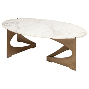 Reinhold White Marble Top w/ Gold Metal Base Oval Coffee Table