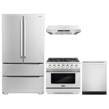 4PC 36" Gas Range and Range Hood 24" Dishwasher & Refrigerator