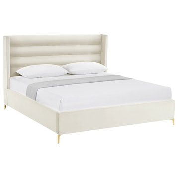 Inspired Home Alessio Bed, Upholstered, Cream White Velvet King