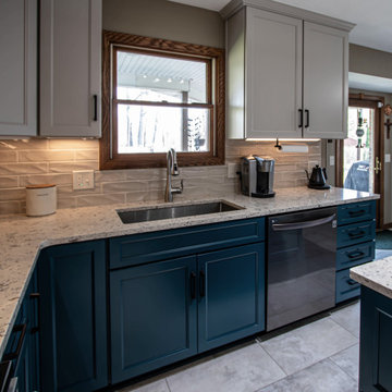 Two Tone Teal and Cream Kitchen with Romano White Quartz Countertop