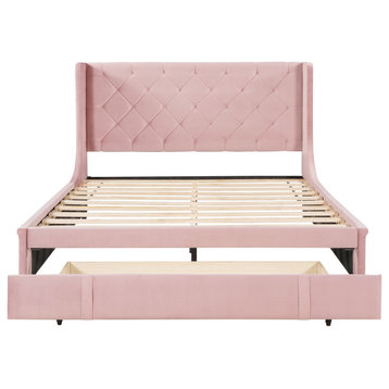 Gewnee Queen Size Storage Bed Velvet Upholstered Platform Bed in Pink