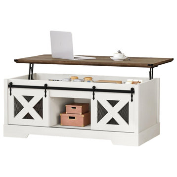 Farmhouse Coffee Table, Lift Top & X-Shaped Mesh Sliding Doors, Brown/White