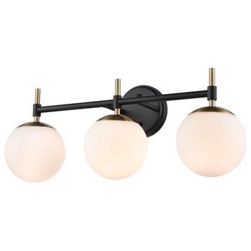 3 Light 24" Matte Black/Modern Gold Bathroom Vanity Light with Opal Glass Shades