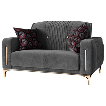 Unique Modern Sleeper Loveseat, Padded Microfiber Seat and Golden Accents, Gray