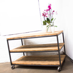 Charlie Reclaimed Scaffolding & Steel Box Framed Table with Shelves on Castors - Dining Tables