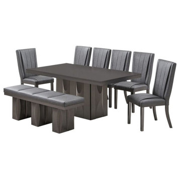Voight 6 Piece Pedestal Dining Set, Gray Wood and Vinyl, Table, 6 Chairs, Bench