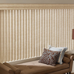 Transitional Beige Living Room Custom Window Vertical Blinds by Hunter Douglas - Vertical Blinds