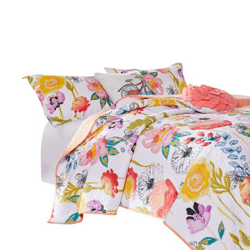 Benzara BM280418 Mavi 5 Piece Reversible Full Quilt Set, Floral Print
