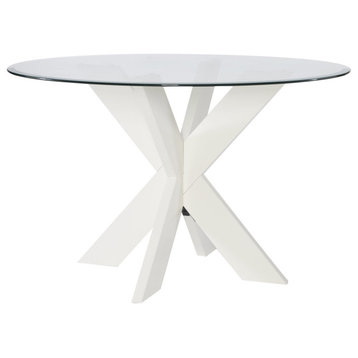 Retro Modern Dining Table, Unique X-Motif Base With Beveled Glass Top, White