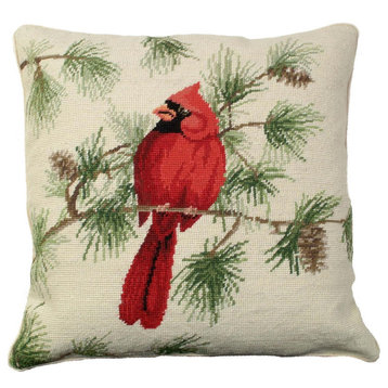 Throw Pillow Needlepoint Cardinal Sitting on Pine Branch Bird 18x18