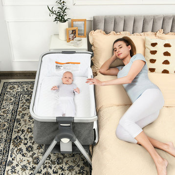 Costway Baby Bassinet Bedside Sleeper w/Storage Basket & Wheel for Newborn Grey