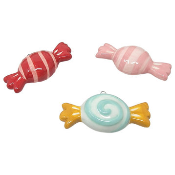 Set of 3 Striped Ceramic Candy Ornaments Bonbon Old Fashioned Vintage Style, Red Stripe/Blue/Pink