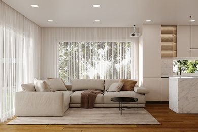 Modernes Wohnzimmer mit beiger Wandfarbe und Eckkamin in Sonstige