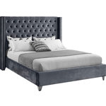 Meridian Furniture - Ames Velvet Bed, Gray, Queen - Elegant and eye-catching, the stunning Aiden Bed from Meridian Furniture is the perfect addition to any bedroom. Rich velvet covers the deep tufted design. A beautiful wing bed design is complimented by hand applied chrome nail head details. Strength and beauty is guaranteed with a solid wood frame and stainless steel legs.