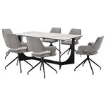 Armen Living - Esme Penny 7 Piece Dining Set With Gray Fabric Chairs - Gather friends and family for meals or game nights with the Esme Penny 7 Piece Dining Set with Gray Fabric Chairs. This set includes 1 Esme dining table and 6 Penny swivel dining chairs. Featuring a sleek and modern silhouette, this kitchen chair attains a chic and stylish presence in any room. The streamlined back elegantly flows into the sloping arms to offer a dose of comfort and style. A stylish cut-out in the back lightens the sculptural appeal of our dining room chair. Finished off with pyramid-shaped black metallic legs, the chair serves as a striking and sturdy accent for any corner. The dining table chair includes a tall back, padded arms, and a cushioned seat to deliver a cozy and comfortable stay. From offering a comfy seat in your kitchen to serving as a stylish and comfortable accent chair for your workspace, the Penny brings comfort and convenience to any room. It includes a 180-degree swivel function allowing you to follow conversations with ultimate ease. Clean lines and clever details lend a sophisticated and eye-catching presence to our dining table. It features a rectangular tabletop showcasing the rich textures of Golden Jade stone. Its trestle, black metal base showcases eye-catching curves to add soft elegance to your home. Our dining table can comfortably seat up to six individuals to complement both your formal and casual meals. With a versatile styling potential, the table can serve as the perfect spot to entertain and spend leisurely time in your formal or casual dining room or kitchen. It is crafted with durable and easy-to-care material. The Esme Penny dining set is available in 5 and 7 piece set configurations and features a black metal base with golden jade stone tabletop and gray fabric upholstered swivel chairs.