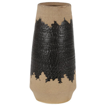 Natural & Black Round Decorative Vase w/ Eclectic Brushstroke Design