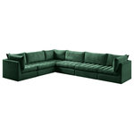 Meridian Furniture - Jacob Velvet Upholstered 6-Piece L-Shaped Modular Sectional, Green - Create the ideal seating arrangement for your space when you pick and choose the elements you like mostincluding this Jacob velvet modular sectional. Mix and match items in the Jacob collection to bring your living space or family room together with a personalized slant. Soft green velvet upholstery is soft and welcoming to the touch, adding a luxurious feel to everyday seating. Deep channel tufting adds to the piece's durability, and latches underneath the unit make it easy to attach to other pieces in the collection.