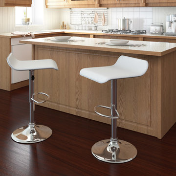 Curved Adjustable Bar Stool, White Leatherette, Set of 2