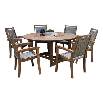 7-Piece Eucalyptus Round Lazy Susan Dining set With 6 Stacking Wicker Armchairs