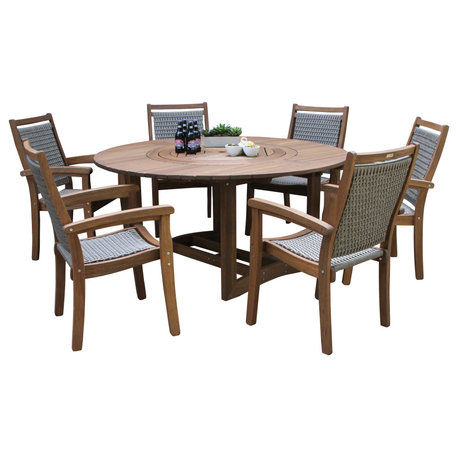7-Piece Eucalyptus Round Lazy Susan Dining set With 6 Stacking Wicker Armchairs
