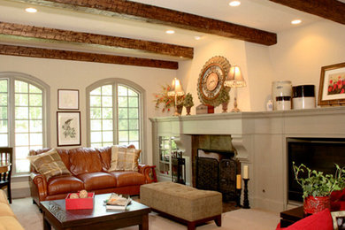 Mid-sized elegant formal and enclosed carpeted and beige floor living room photo in Cleveland with a standard fireplace, a tile fireplace, no tv and beige walls