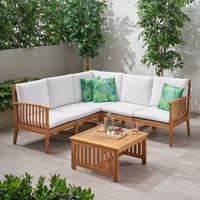 Maud Outdoor 5 Seater Acacia Wood Sofa Sectional Set, Brown Patina, White